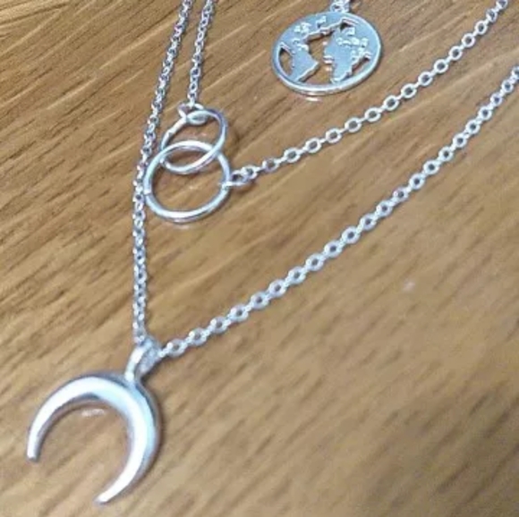 NEW Silver Boho Trendy Choker Multilayer Earth Map Circle Horn Pendant Necklace - Picture 8 of 16